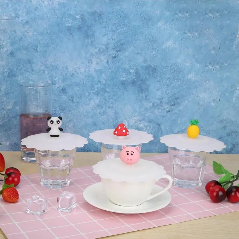 

Cute Fruits Animal Adorn Water Drinking Cup Lid Silicone Anti-dust Bowl Cover Cup Pink Pig Panda Seals Glass Mugs Cap Universal
