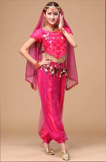 Костюм для индийских танцев(топ+ штаны с балкой+ вуаль с головной цепочкой) 3 шт./компл. одежда для танца живота для сцены - Цвет: rose 2pcs