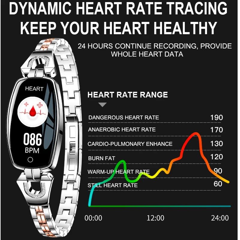 Smart Bracelet H8 HR Blood Pressure Turn Light Dynamic Screen Women Diamond Heart Rate Monitor Smart Watch Bracelet PK Z18