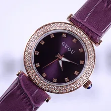2015 New Design Women Rhinestone Watches Luxury Lady Quartz Dress Watch Genuine Leather Diamond Wristwatches GUOU 8112