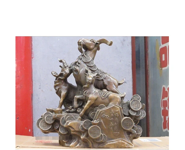 

wan67104004+++40CM China Bronze Money Feng shuey Three sheep Kai Tai San yang kaitai