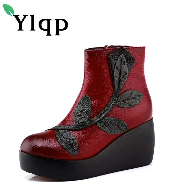 

Ylqp Handmade Wedges Genuine Leather Boots Folk Style High-heeled Soft Bottom Women Shoes Woman Vintage Warm Winter Boots Sapato