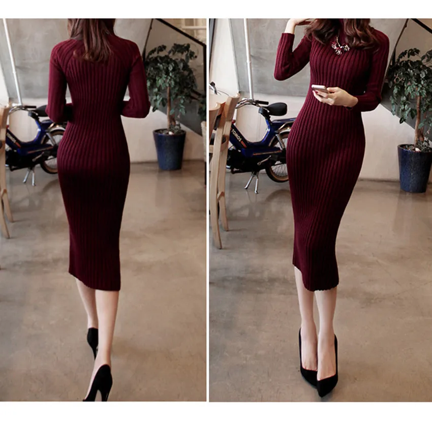 

New Turtleneck Women long sweater dress 2019 spring sexy slim Bodycon Dresses Elastic Skinny Dress Brief Knitted Dress vestidos
