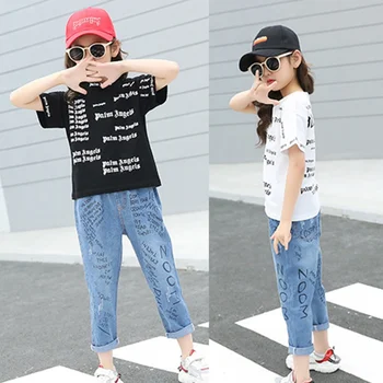 

2Pcs/Set Summer Kids Girls Casual Fashion Short Sleeve Letter Print T-shirt Tops+Denim Pants Trousers Suits Costume Set