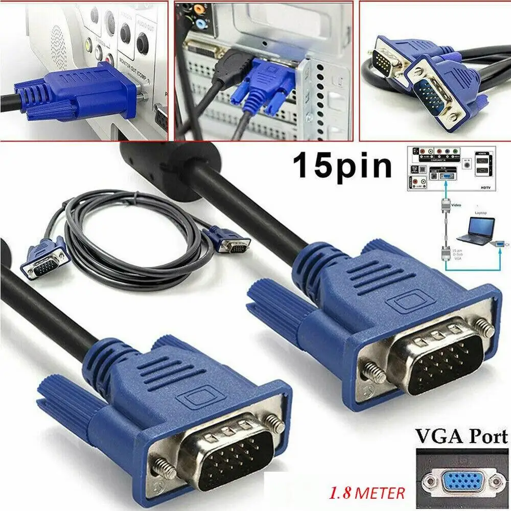 6 футов 1 8 м VGA кабель Папа папа SVGA для монитора синяя вилка ПК компьютер дисплея
