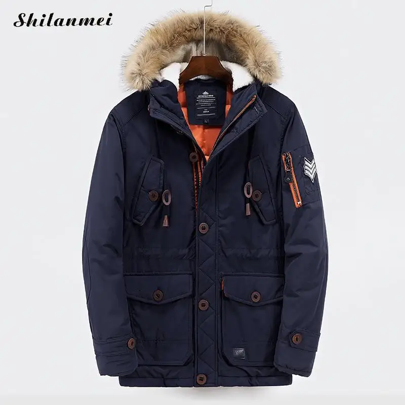 Men's Parkas With Hat Navy Blue Winter Jacket For Men Hooded Collar
