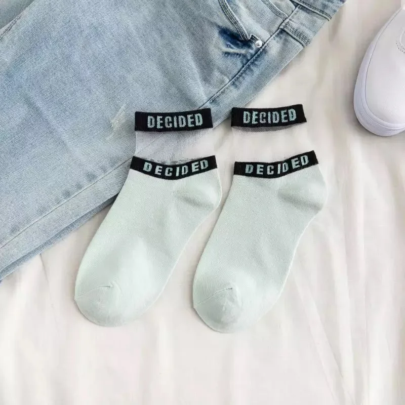 Mint Green Летние прозрачные носки с буквенным принтом для девочек, женские хлопковые короткие носки с дырочками, тонкие повседневные короткие носки, удобные женские носки - Цвет: Mint Green