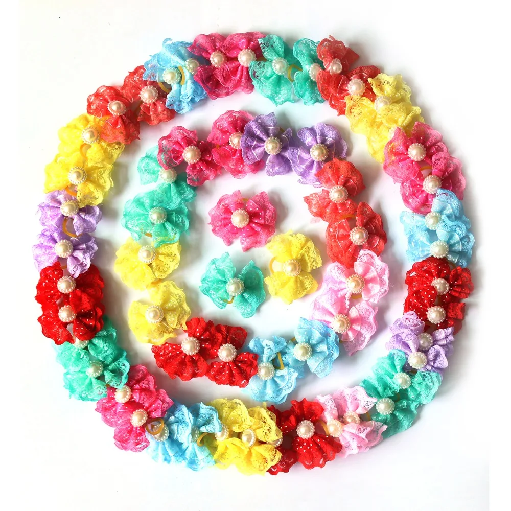 

New 100pcs Mix Color Pet Dog Hair Bows Rubber Bands Pet Dog Bows Lace Style With Pearl Pet Bows Pet Grooming Hair Accessories