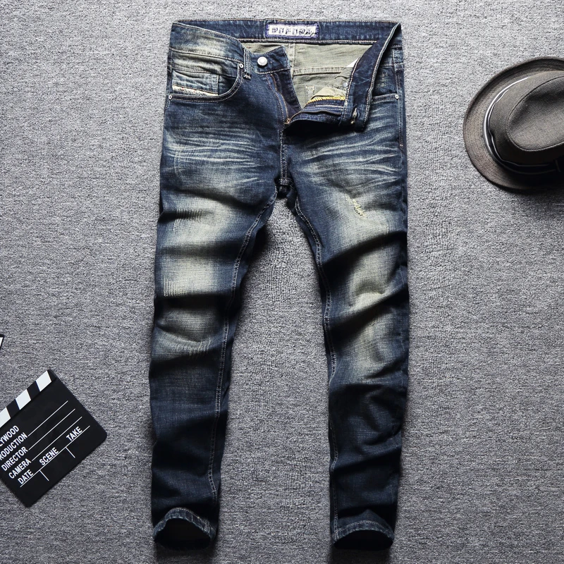 

Fashion Classical Men Jeans Retro Wash Slim Fit Ripped Jeans Homme Denim Pants Streetwear Italian Vintage Designer Jeans Men