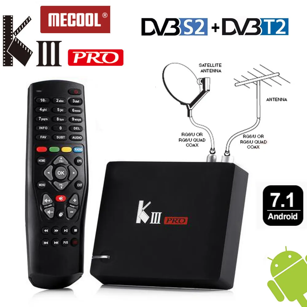 

MECOOL KIII Pro S912 4K Octa Core Android 7.1 3G Ram Hybrid Smart PC + DVB-T2 DVB-S2 TV Tuner Bluetooth 2.4/5G Wifi Cccam Biss