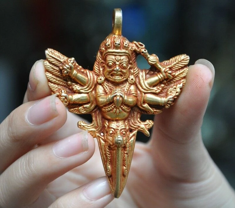 Старая тибетская бронза 24 к Золотая позолота буддизм голова черепа Mahakala Phurpa Vajra