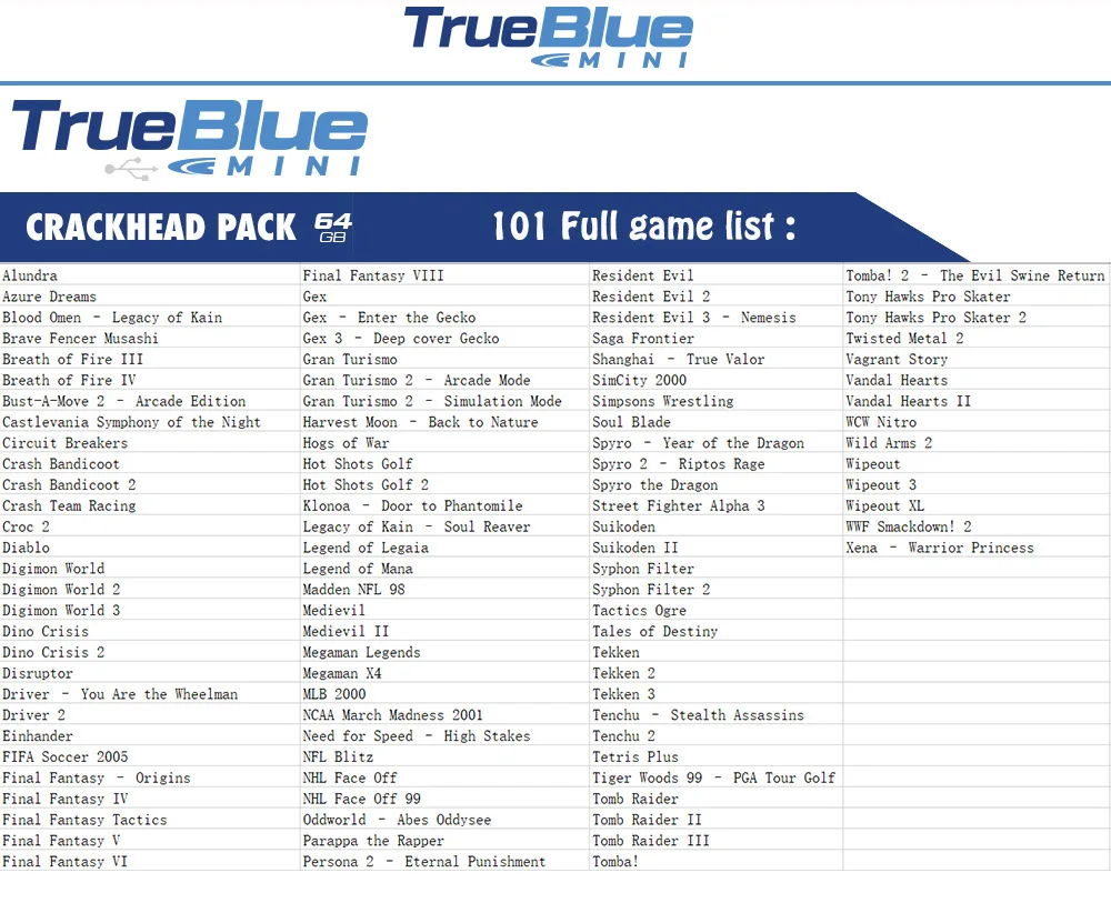 True blue mini Fight Pack 32 Гб с 58 играми/METH PACK 64 ГБ с 101 играми/CRACKHEAD PACK 64 ГБ с 101 играми для консоли ps1