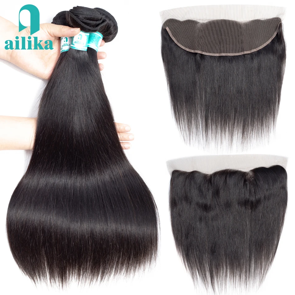 

Ailika Raw Indian Straight Hair Bundles with Frontal 13x4 Ear to Ear Non-Remy 3 Bundles Straight Hair Weave with Closure