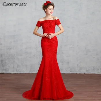 

CEEWHY Boat Neck Lace Evening Dresses Long Floor-Length Applique Mermaid Evening Dress Beaded Evening Gown Vestido Longo