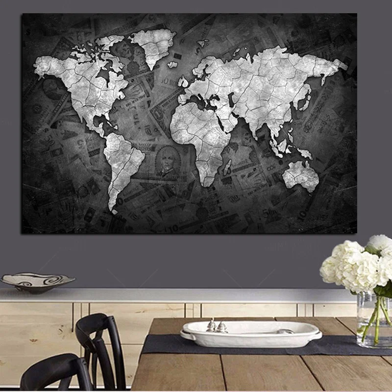 abstract 3d world map canvas painting globe maps on money background print on canvas for office room wall picture cuadros decor