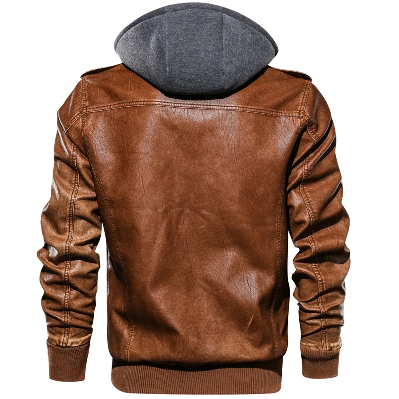 New Fashion Hooded Leather Jacket Men Casual Pockets Biker Motorcycle PU Faux Leather Coats Zipper Bomber Jackets jaqueta couro