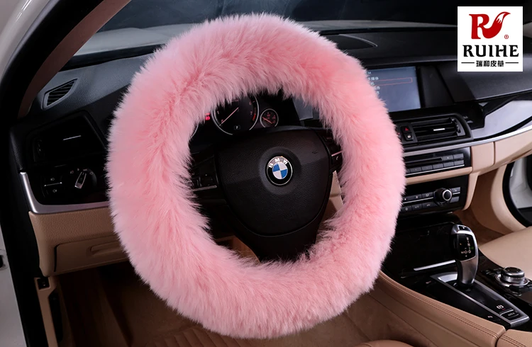 Pink Color Long Plush Fuzzy Car Steering Wheel Cover 100% Sheepskin