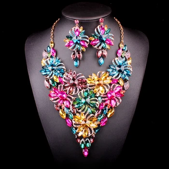 

Luxury Big Crystal Bridal Jewelry Set For Brides Bridesmaid Statement Bib Necklace Earrings Sets Wedding Party Gifts For Women