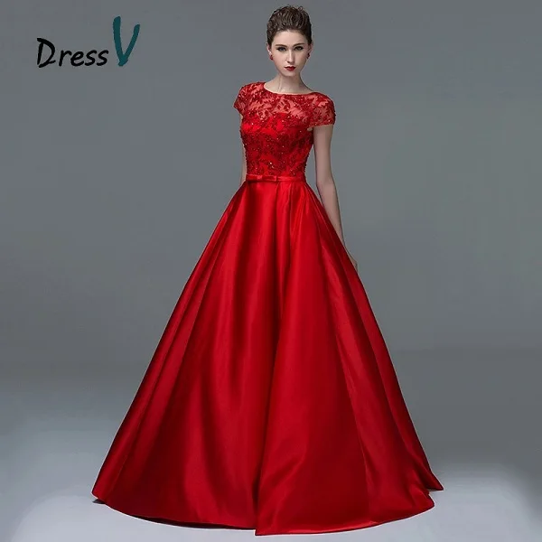 Dressv элегантное красное кружевное вечернее платье с коротким рукавом es сексуальное ТРАПЕЦИЕВИДНОЕ ПЛАТЬЕ с вырезом лодочкой, длинное женское официальное вечернее платье - Цвет: As same as picture
