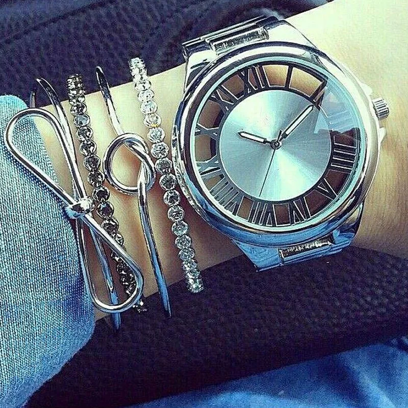 

4pcs/set Bohemia Personality Bow Hollow Bracelet Charm Bangle Women Vintage Silver Crystal Bracelet Jewelry Wholesale