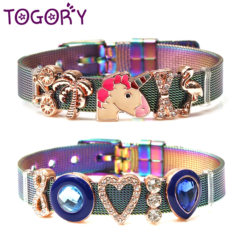 

TOGORY 2019 New Fashion Jewelry Stainless Steel Mesh Bracelets Bangles with Unicorn Charms Fine Bracelets For Women Kids Gift