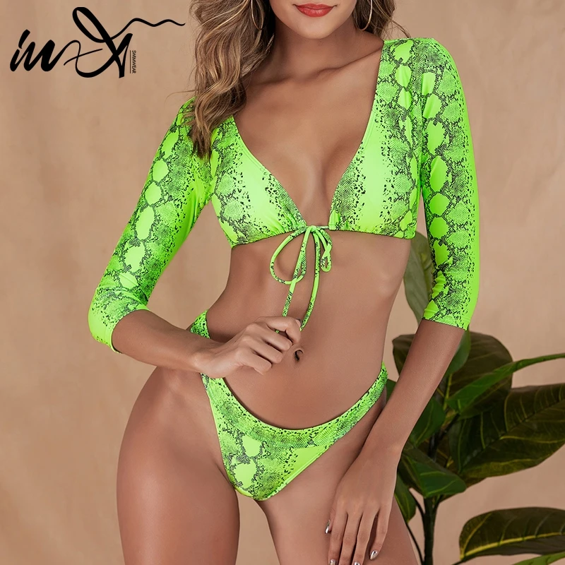 

In-X Long sleeve swimsuit female Neon green bikini 2019 Sexy snake print swimwear women bathers String bathing suit Beach wear
