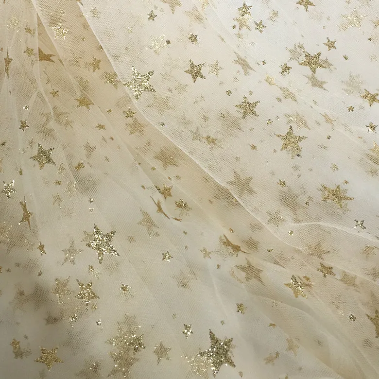 

Apricot Champagne Gold, Bronzing Stars Tulle Mesh Fabric for Dress Curtain Material Home Textile Cloth 2018 New Designer Fashion