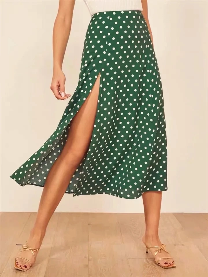 Увядшая Англия стиль черно-зеленый горох Высокая талия вилка открытие сексуальная юбка женские юбки mujer moda юбки женские