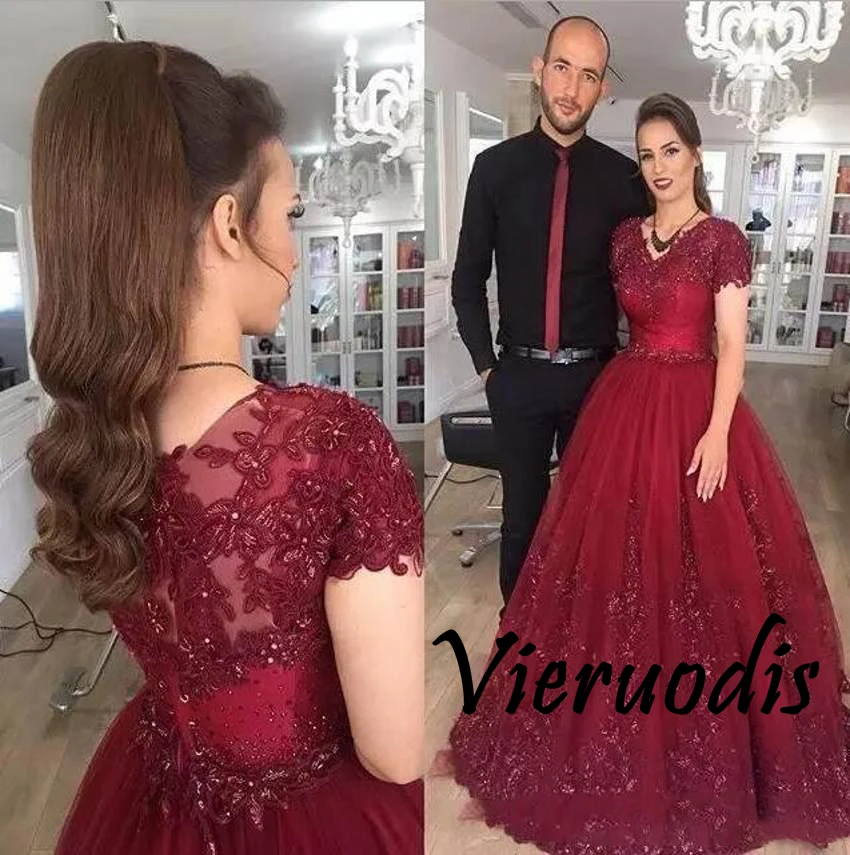 411Modern Red Wine Short Sleeve Evening Dresses 2018 With Lace Appliques Beaded Tulle Formal Pageant Prom Dresses