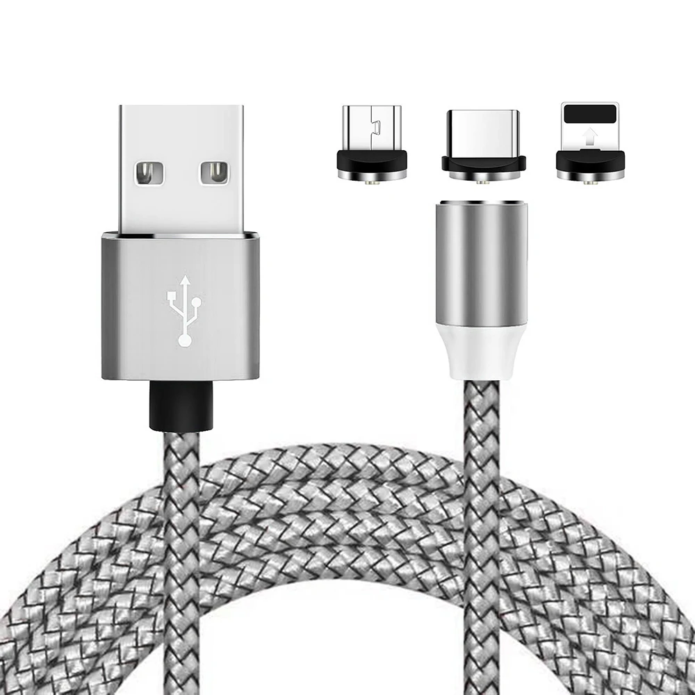 3 в 1 Магнитный зарядный кабель, Micro USB кабель для iPhone XR XS Max X магнитное зарядное устройство usb type C USB кабель светодиодный кабель для зарядки - Цвет: Серебристый