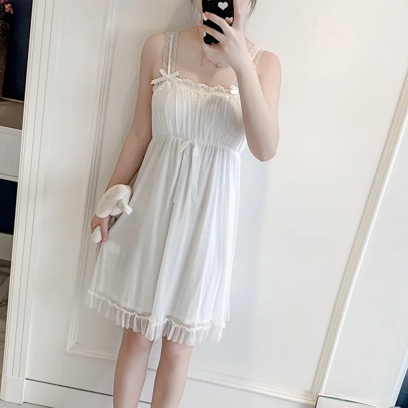 Lovely Retro Women Nightdress Lace Spaghetti Strap Princess Style Nightwear