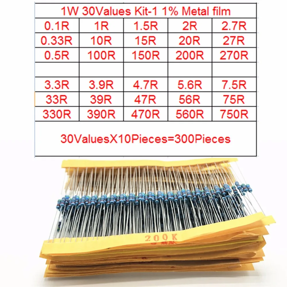 

1W Metal Film Resistors set 0.1R-750R resistor kit 1% 30 Values * 10pcs commonly resistance resistor pack 300pcs/lot