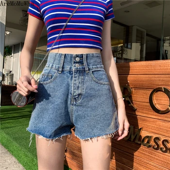 

AreMoMuWha Summer New Korean Denim Shorts Female High Waist Loose Outside Wearing A Word Wide Leg Hot Distressed Jeans QX1170