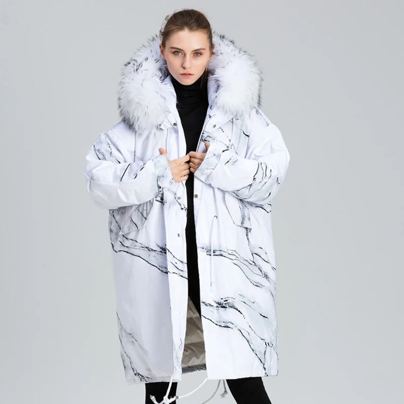 Зимняя женская куртка большого размера, шикарный принт, большой меховой воротник, белый утиный пух, пальто, Новое поступление, длинный женский пуховик с капюшоном