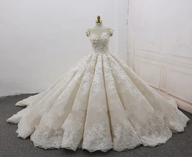 Великолепные Дубай арабские Свадебные платья бальное платье Vestido de novia Sheer шеи аппликация длинный поезд свадебное платье