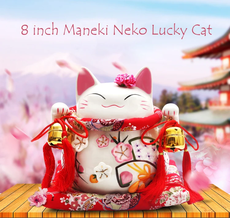 8 дюймов керамика Maneki Neko орнамент розовый белый lute дизайн Lucky Cat Копилка фигурка домашний декор Фортуна кошка с колокольчиком