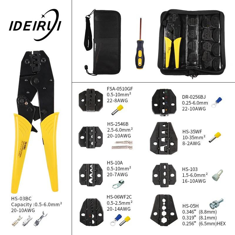 HS-03BC обжимные плоскогубцы, комплект, посылка для штекеров/труб/инсуированных/неизолированных/обжимных колпачков/клемм, Зажимные инструменты - Цвет: HS-03BC 8Jaw kit