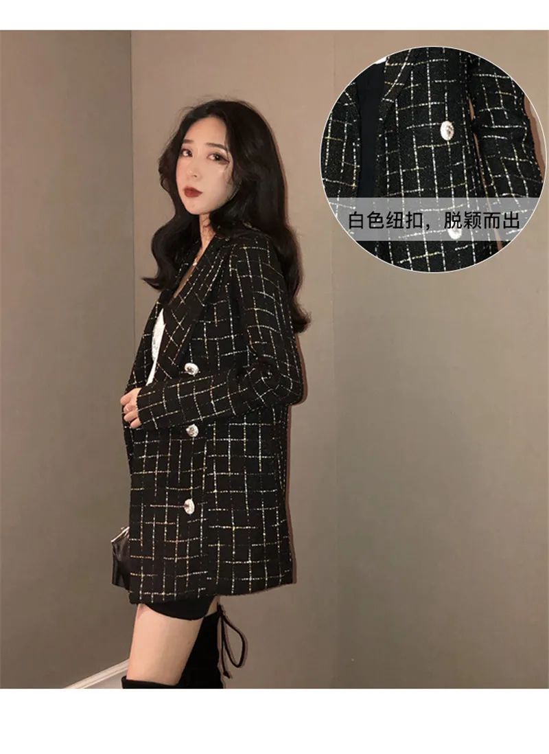 Vintage Plaid Tweed Jacket Women New Spring Streetwear Double Breasted Notched Pocket Jackets Long Sleeve Wool Outerwear Casaco