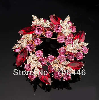 

Gold Tone Unique Style Red and Pink Rhinestone Crystal Wrealth Pin Brooch