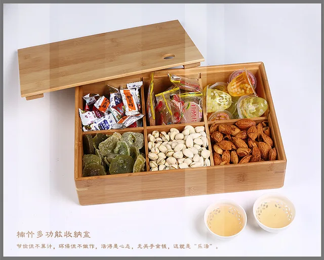 High End 6 in 1 Organizer Bamboo Wooden Storage Box Food Container for