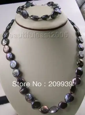 

huij 001719 natural black coin 11-12mm pearl necklace&bracelet sets