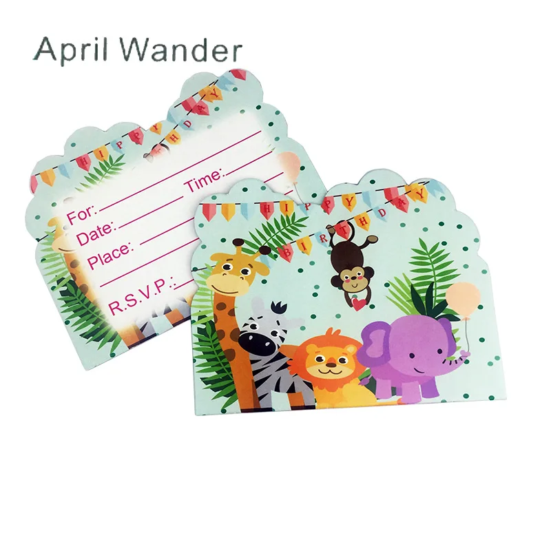 

10pcs/lot Lovely Elephant/giraffe/Lion Invitation Cards for Happy Birthday Party Decorations Zoo Animals party Supplies