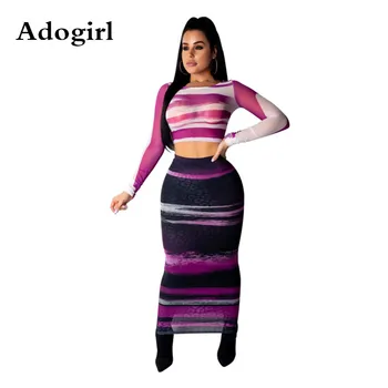 

Stripe Print Sheer Mesh 2 Piece Set Skirt Stylish Long Sleeve Crop Top And Bodycon Maxi Skirt Women Club Party Dress Outfits