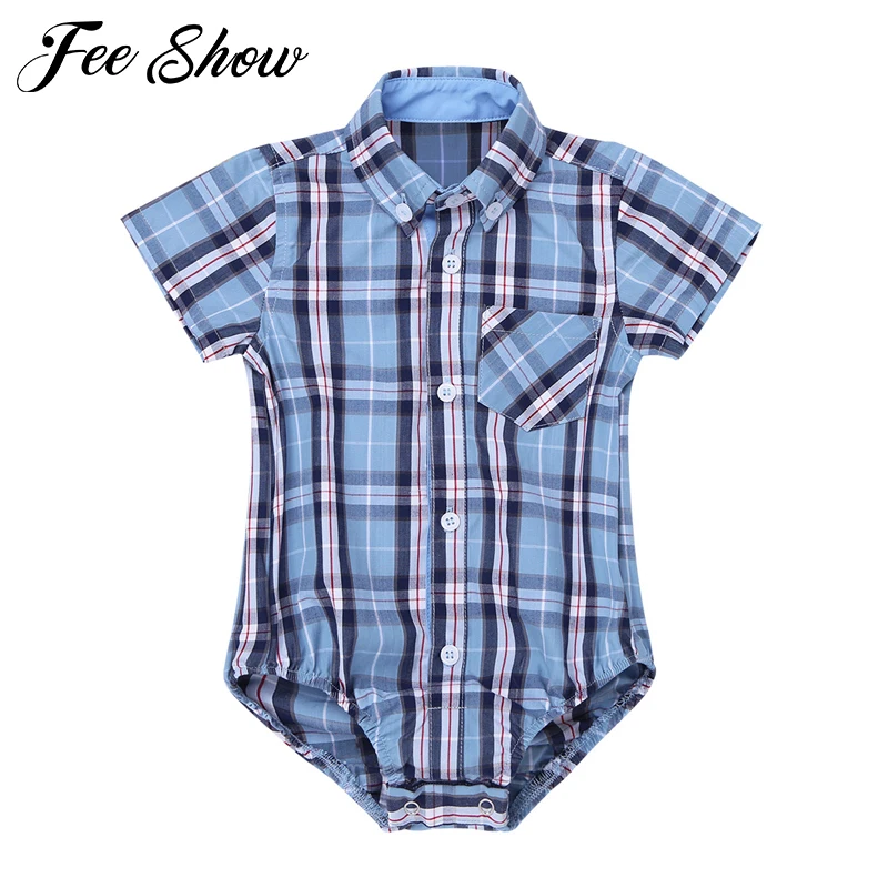 Infant Cute Baby Boys Girls Romper Short Sleeves Lapel Plaid Summer Adorable Shirt Rompers Jumpsuit Unisex Newborn Baby Clothes