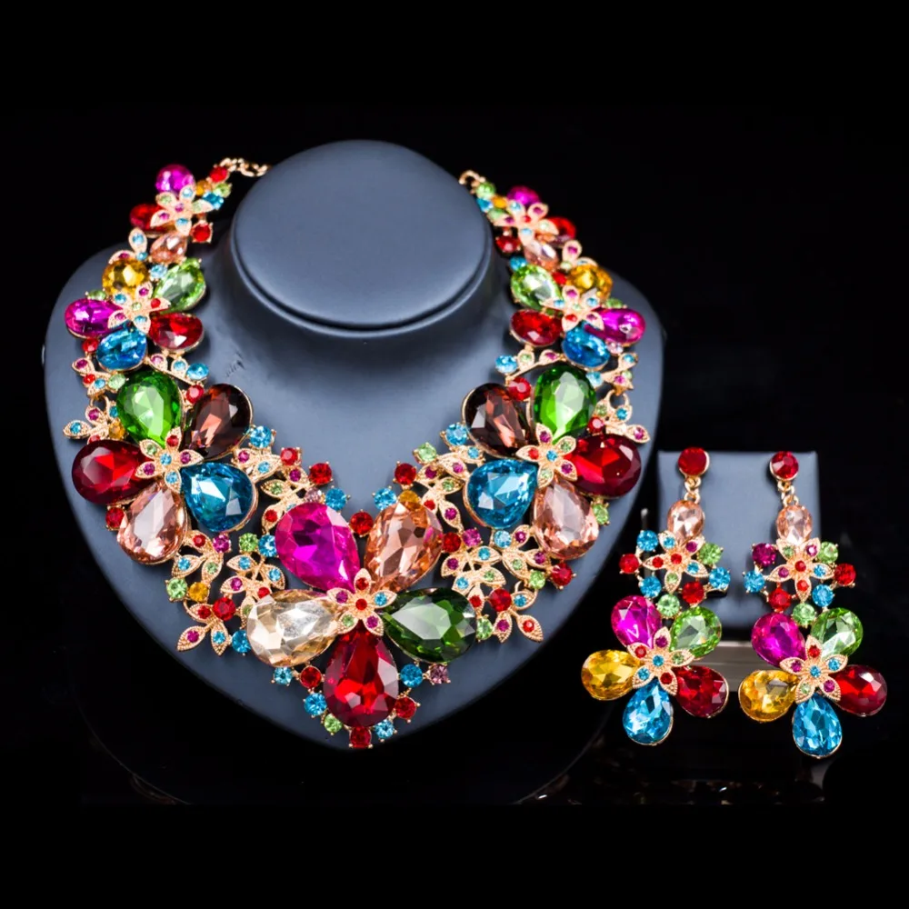 

Parure Bijoux Femme Роскошный цветок Красочные свадебный ювелирный набор из австрийского хрусталя ожерелье и серьги для женщин Бесплатная доставка