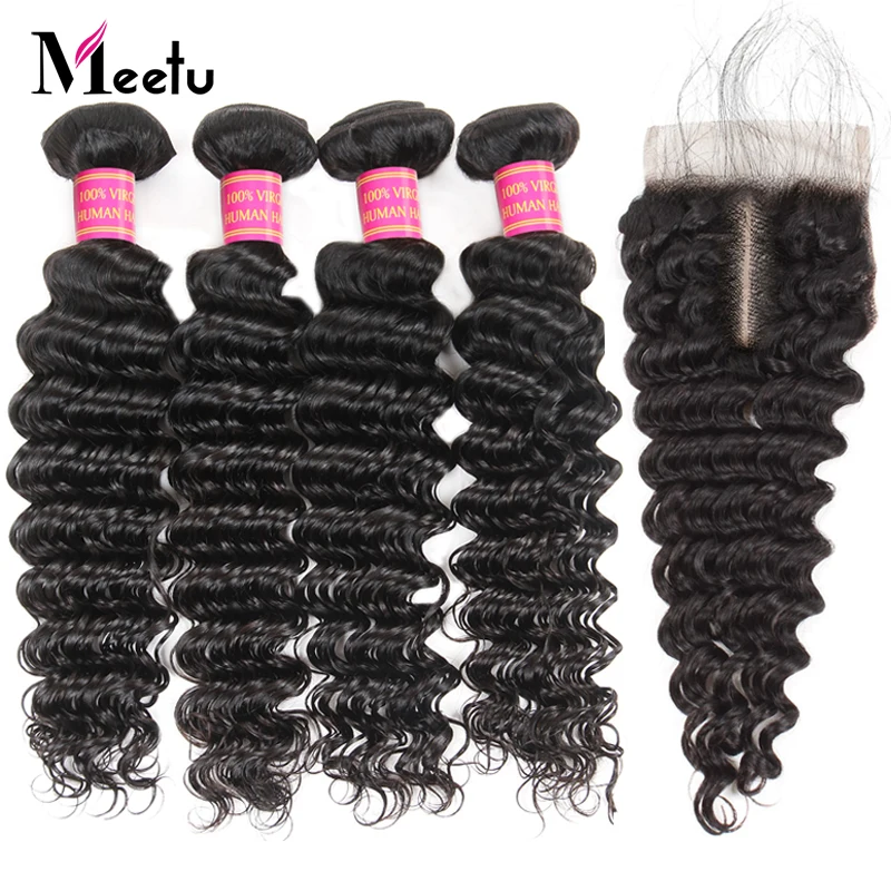 

Meetu Brazilian Deep Wave Bundles With Closure 4PCS Human Hair With Lace Closure Brazilian Hair Bundles with Closure Non Remy