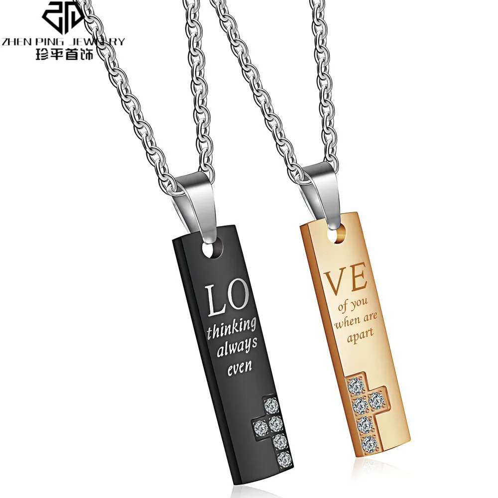 

Bar Couple Pendant Necklaces Rhinestone Cross Puzzle Stainless Steel Jewelry for Men Women