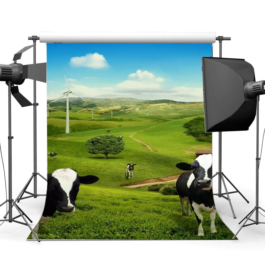 

Rustic Farmland Backdrop Cow Nature Spring Backdrops Jungle Forest Green Grass Meadow Blue Sky Background