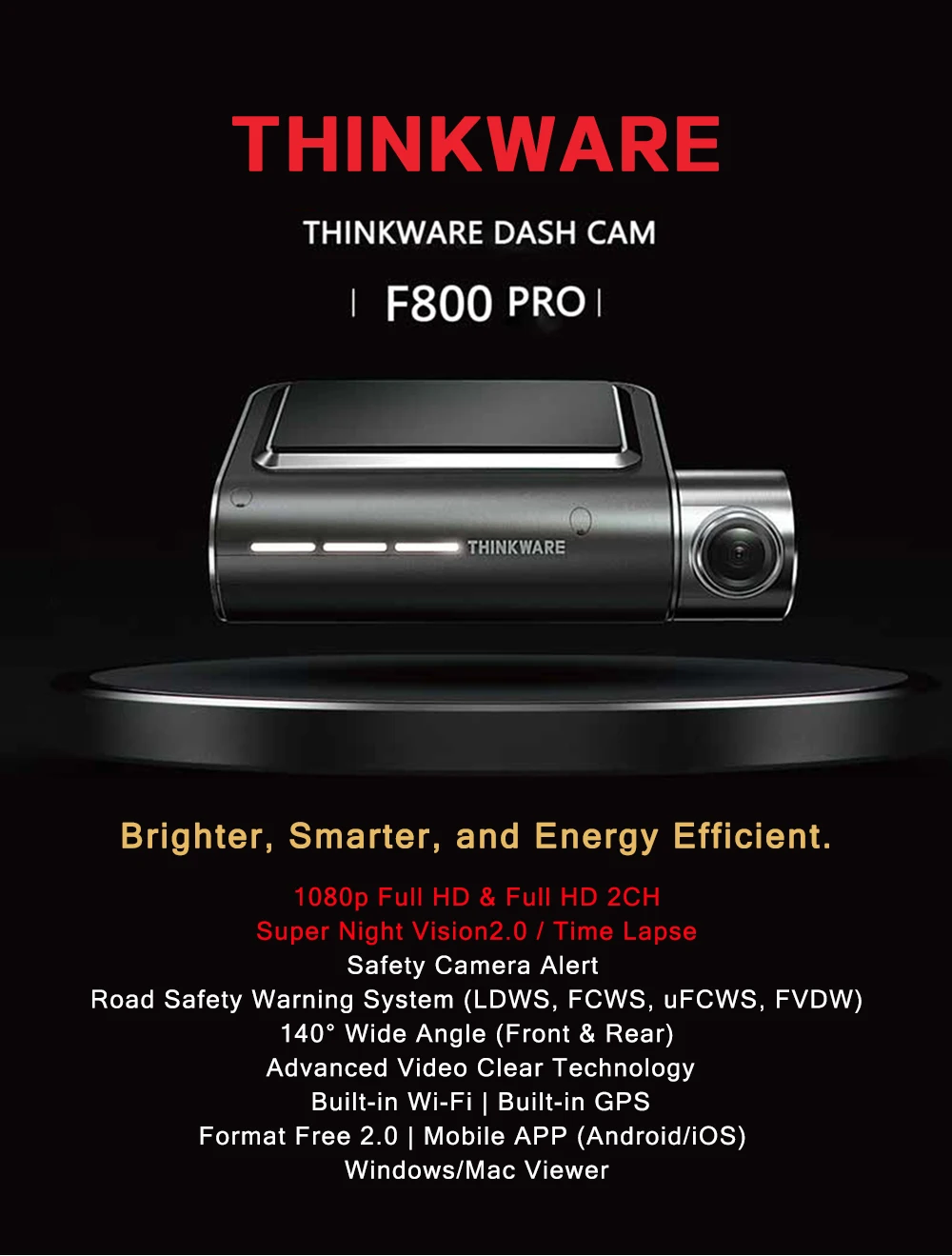 Thinkware Dash Cam F800 PRO Видео рекордер 1 канал черный HD коробка Автомобильный видеорегистратор Микро SD карта Hardwiring Kit