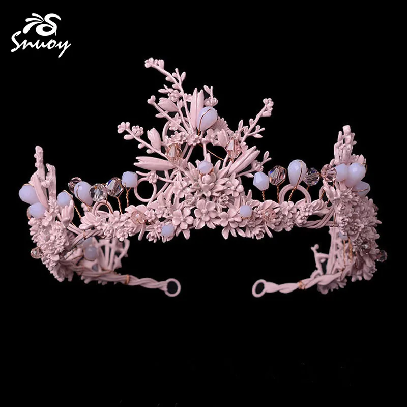 

Snuoy Bridal Crown Charming Pink Crystal Handmade Tiara Luxury Flower Women Hair Ornament Diadem coroa de noiva